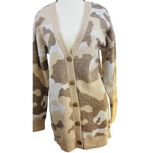 NWT Lucky Brand Sz S Tan Brn Camo 5 Button Up Cardigan Wool Blend MSRP $80